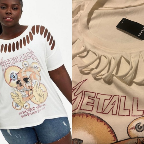 Torrid Metallica Ivory Cream Slashed Neckline T-shirt Plus Size 00 or Reg 10-12 - Picture 2 of 5